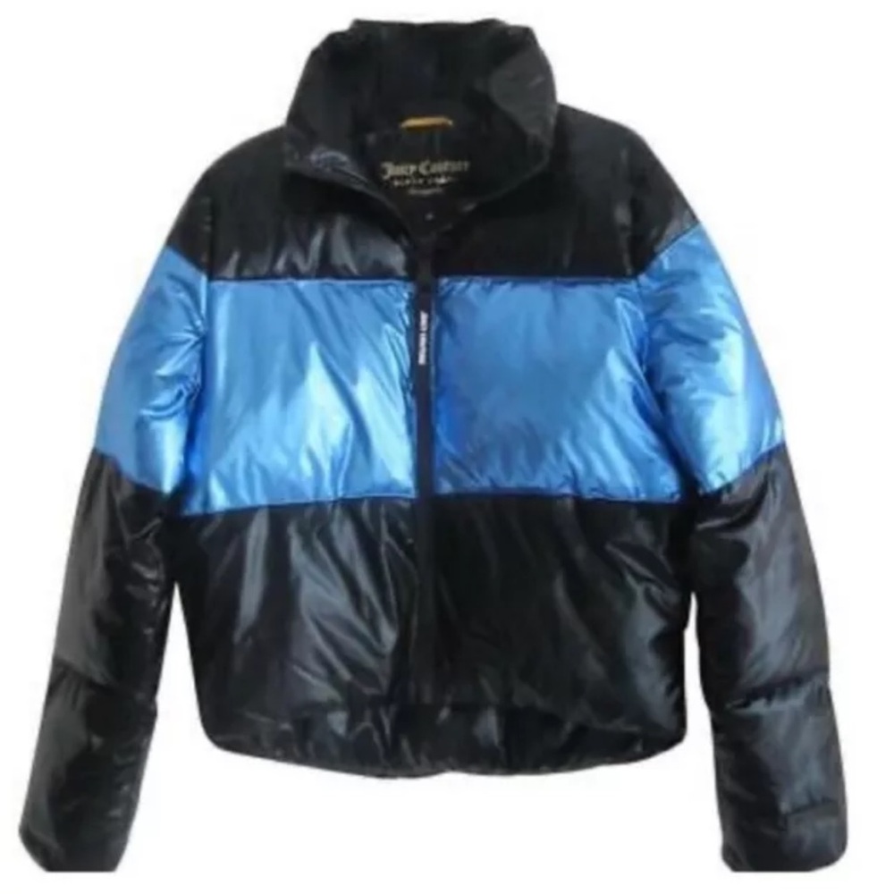 Rare Juicy Couture Black Label Stylish Blue & Black Metallic Puffer Jacket L